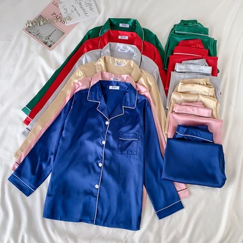 

Women's Summer Solid Color Turn-down Collar Long Sleeve Top Pants Two Piece Set