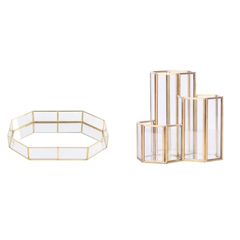 

Promotion! 1x Glass Copper Hexagon Composite Pen Holder Makeup Brush Glass Box & 1x Nordic Style Glass Copper Geometry Storage B