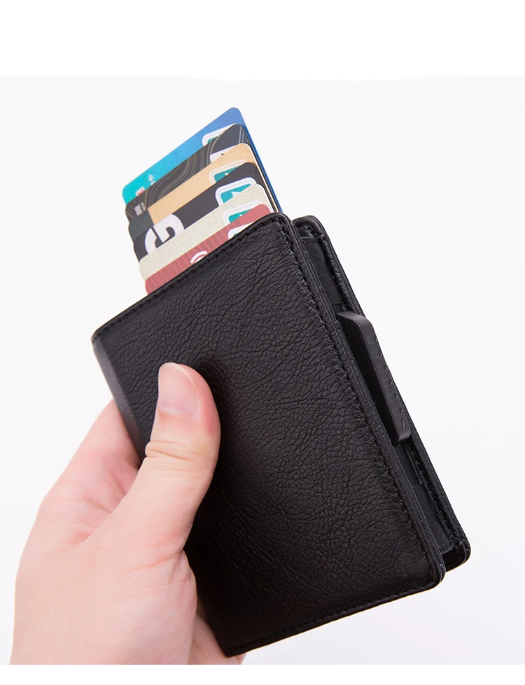 BYCOBECY из искусственной кожи RFID Модный чехол для карт алюминиевая коробка Высокое качество Многофункциональный визитница кошелек всплывающий держатель для карт