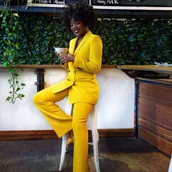 2 peças femininas terno amarelo profissional escritório trabalho wear negócios fino ajuste jaqueta blazer festa + calças