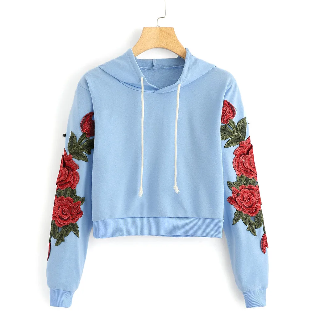 JAYCOSIN Fashion Women Casual Rose Applique Long Sleeve Sweatshirt Casual Popular Chic Solid Elegant Blouse Sweatshirt