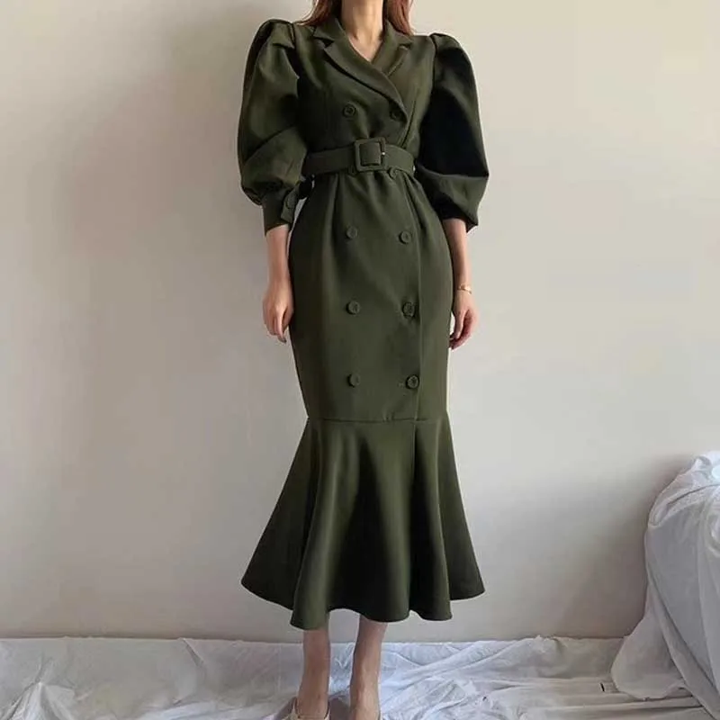 Korean One-Piece Dress Women Vintage Puff Sleeve Double Breasted Slim Dresses Spring Autumn 2020 Elegant Office Dress Vestidos