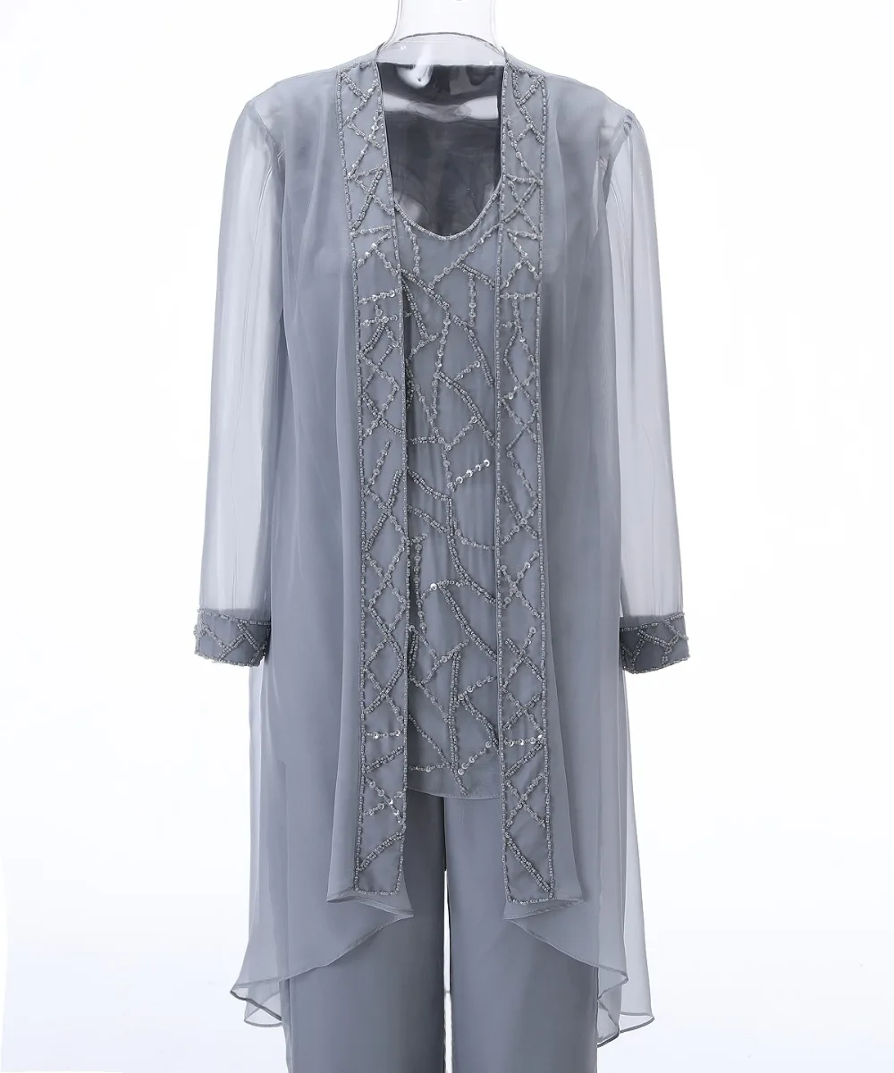SOLOVEDRESS Женский шифон с бисером Мода 3 шт. мать невесты платье брюки костюмы с длинным рукавом наряд JacketSL-M17