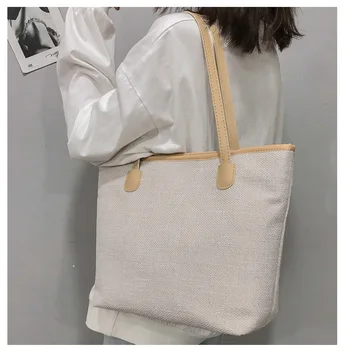 

Women Canvas Tote Bag Fashion Zipper Closure Large Capacity Shoulder Bag Wild Style Handbag (Khaki, Black, Black White)