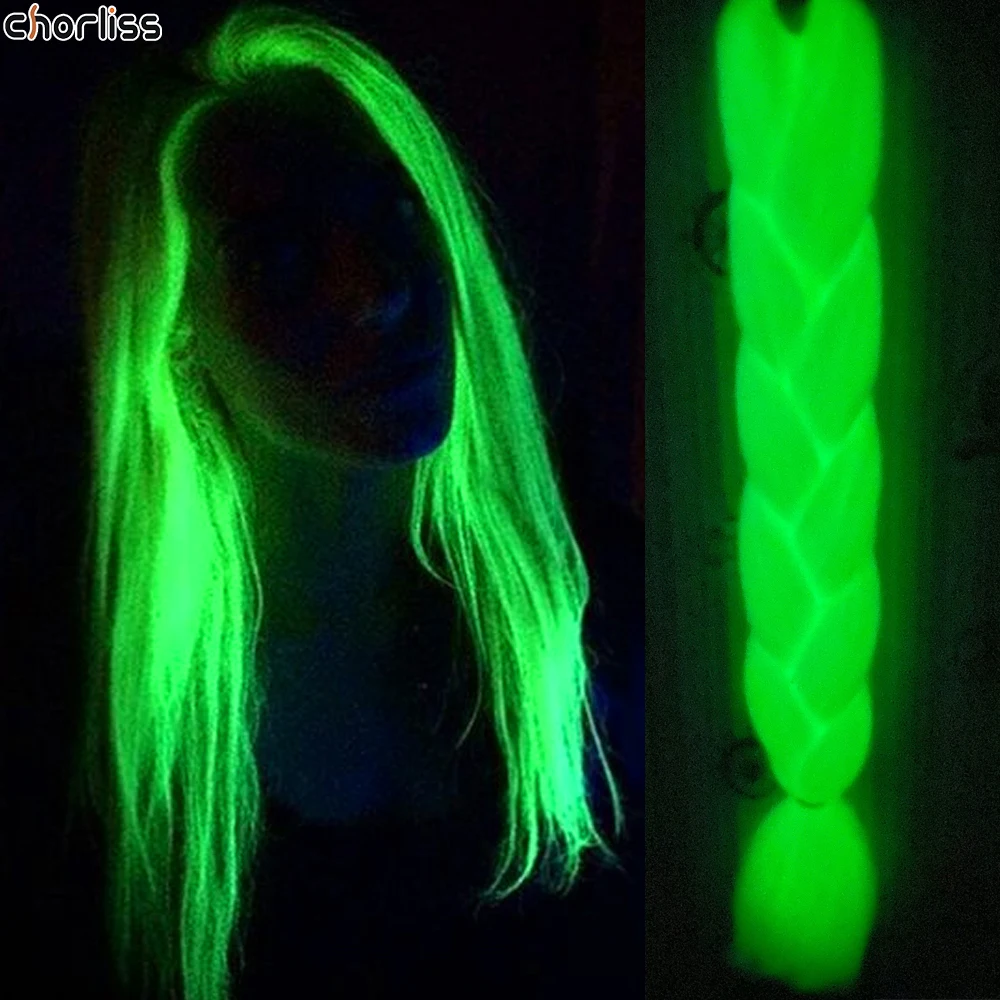 Glowing Synthetic Jumbo Crochet Braids Hair Pure Color Fluorescent Green Shining In Darkness Crochet Braiding Hair Extensions