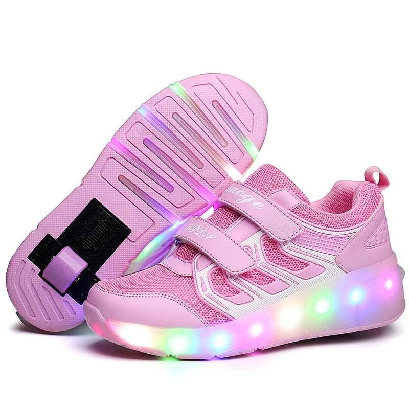 Детские светящиеся кроссовки розового и золотого цвета; детская обувь для роликовых коньков; детские туфли со светодиодной подсветкой; кроссовки для мальчиков и девочек с колесами; Heelies