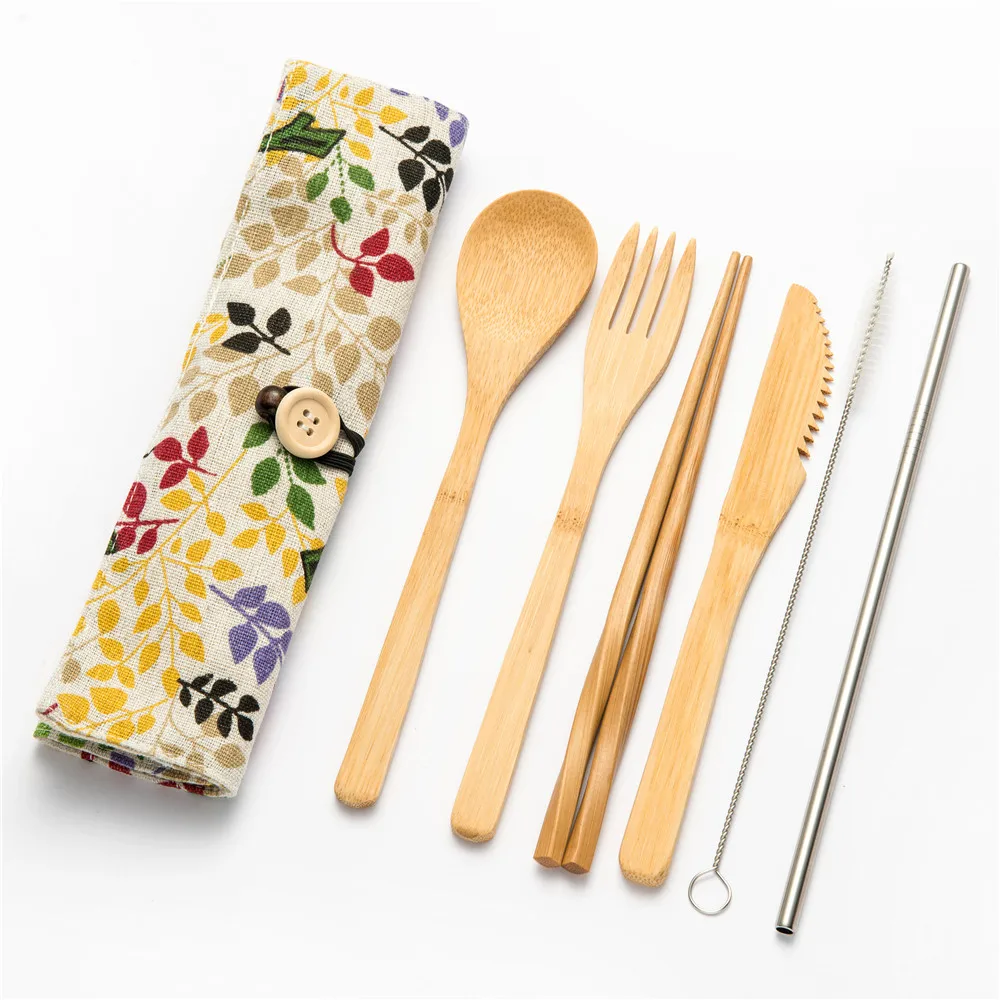 7pcs setB012 Tableware Set Portable Bamboo Cutlery Kitchen Food Wooden Tableware Dining Tool Catering Dinnerware Set Cutlery Travel - Цвет: 7pcs setB012