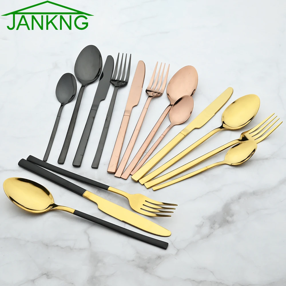 

24Pcs Cutlery Set Knife Fork Spoon Tableware Set Black Gold Dinnerware Dinner Set Stainless Steel Silverware Kitchen Flatware