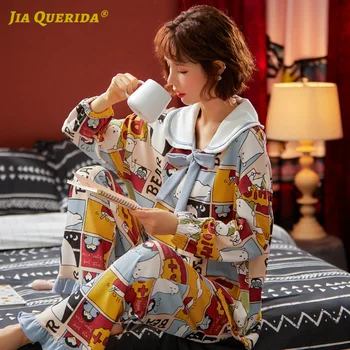 

Set Pj Set Woman Blue Spring Autumn Cartoon Printing Turn Down Collar Long Sleeve Long Pants Sleepwear Fashion Casual Pajamas
