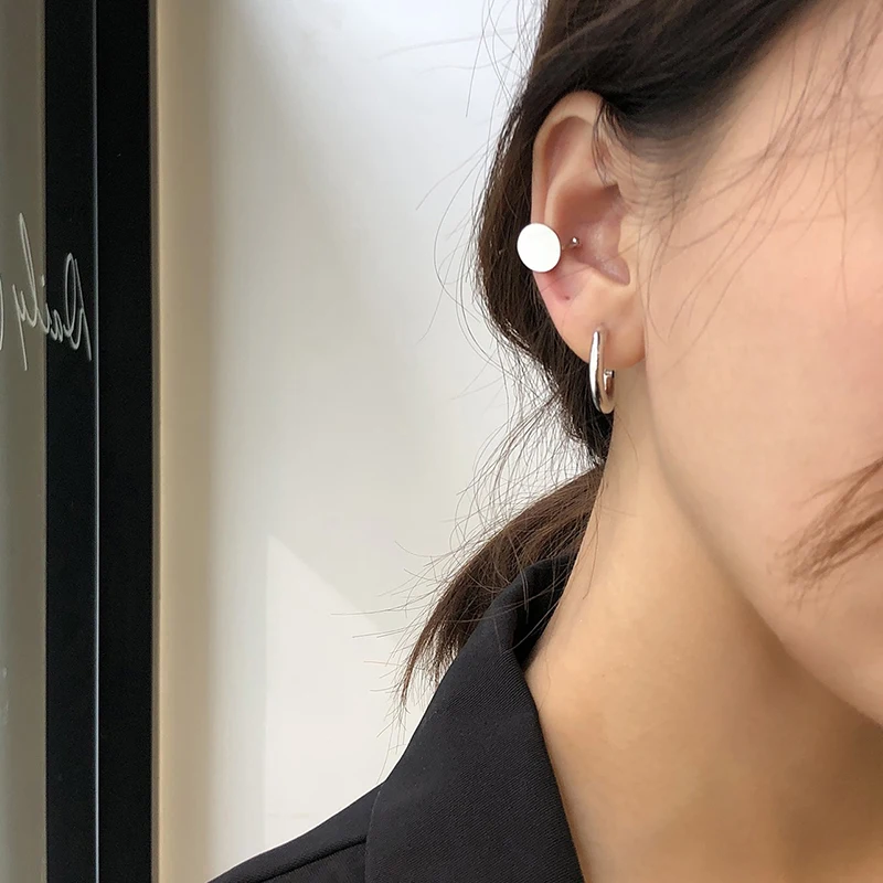 Серьга дырка с клипсой для ушей, 925 пробы, серебряные ювелирные изделия, круглые плоские серьги, маленький шарик, элегантные женские серьги для девушек