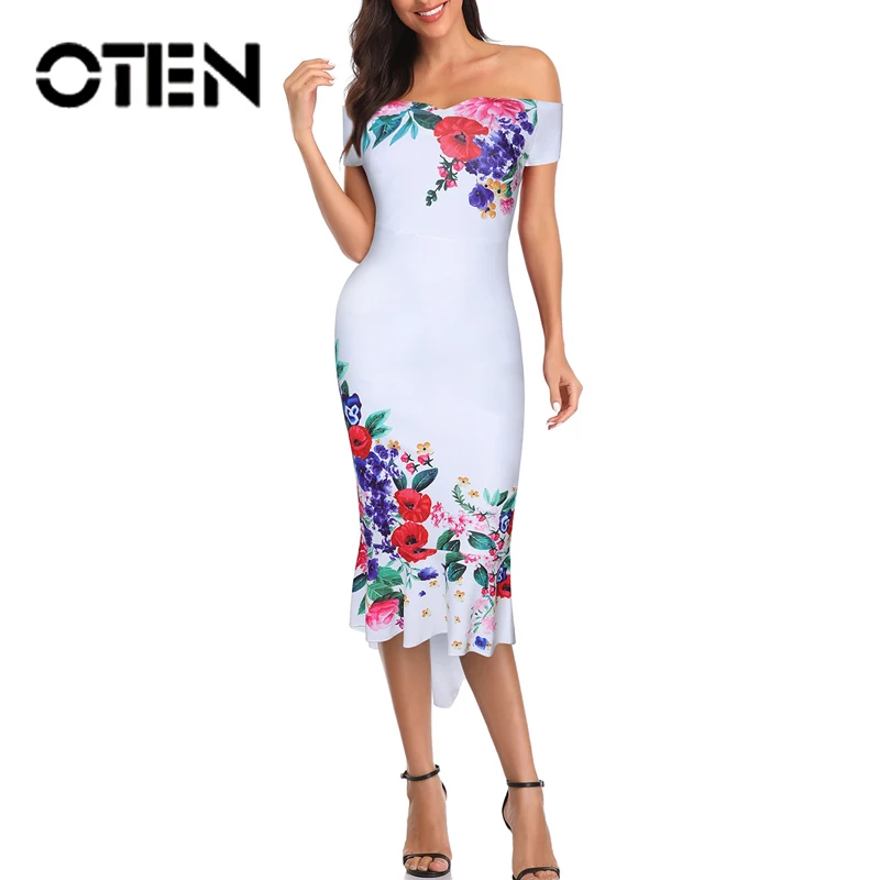 

OTEN Short Sleeves Printed Dresses Women Irregular Off the Shoulder Elegant Sexy Party Ladies 2020 Summer Slim Long Robe Female