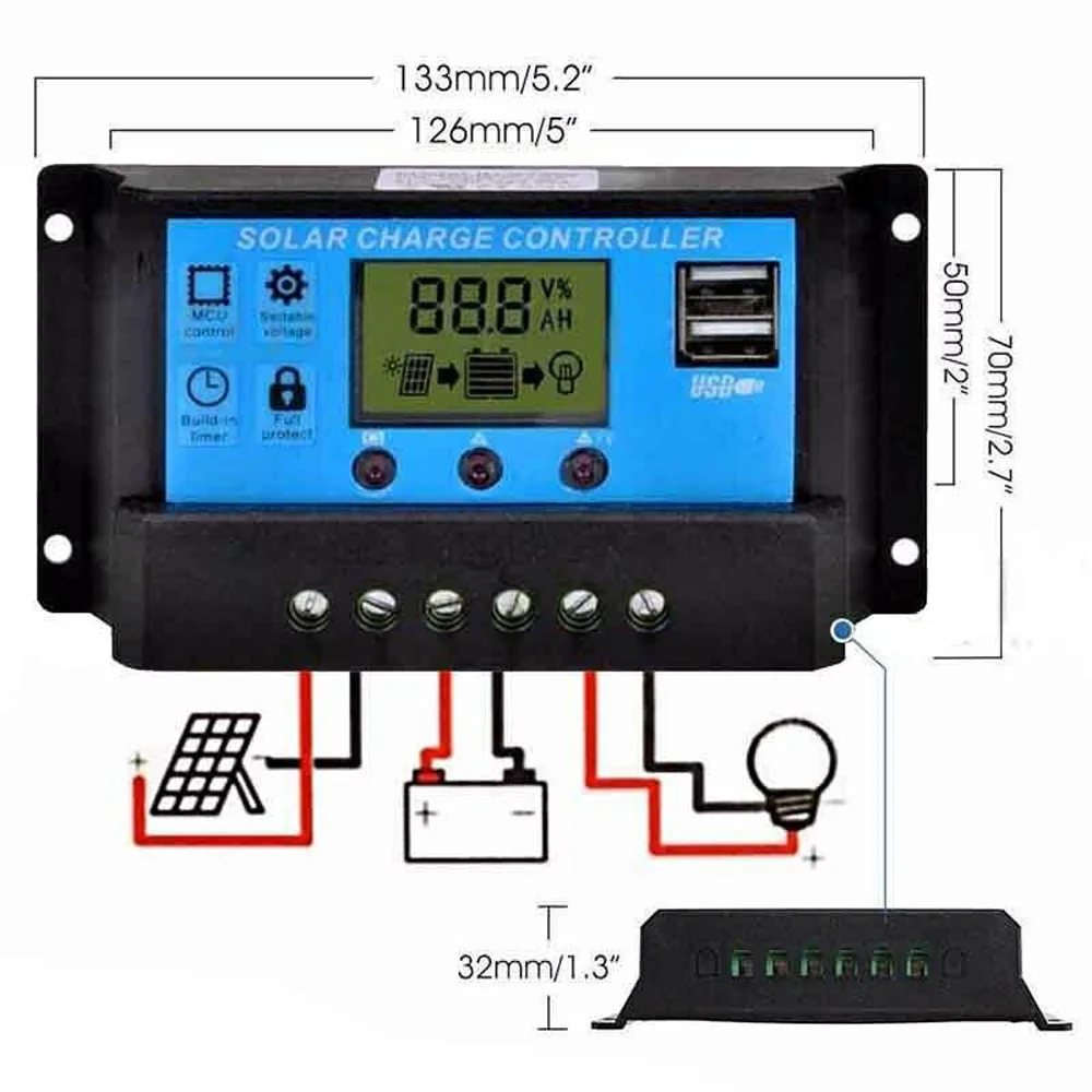 ЖК солнечная панель регулятор заряда батареи Контроллер Dual USB 10A 20A 30A 1x