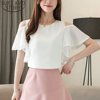 

Blusas Mujer De Moda 2020 Korean Casual Fashion Clothing Short Sleeve Off Shoulder Chiffon Blouse White Tops and Blouse 8638 50