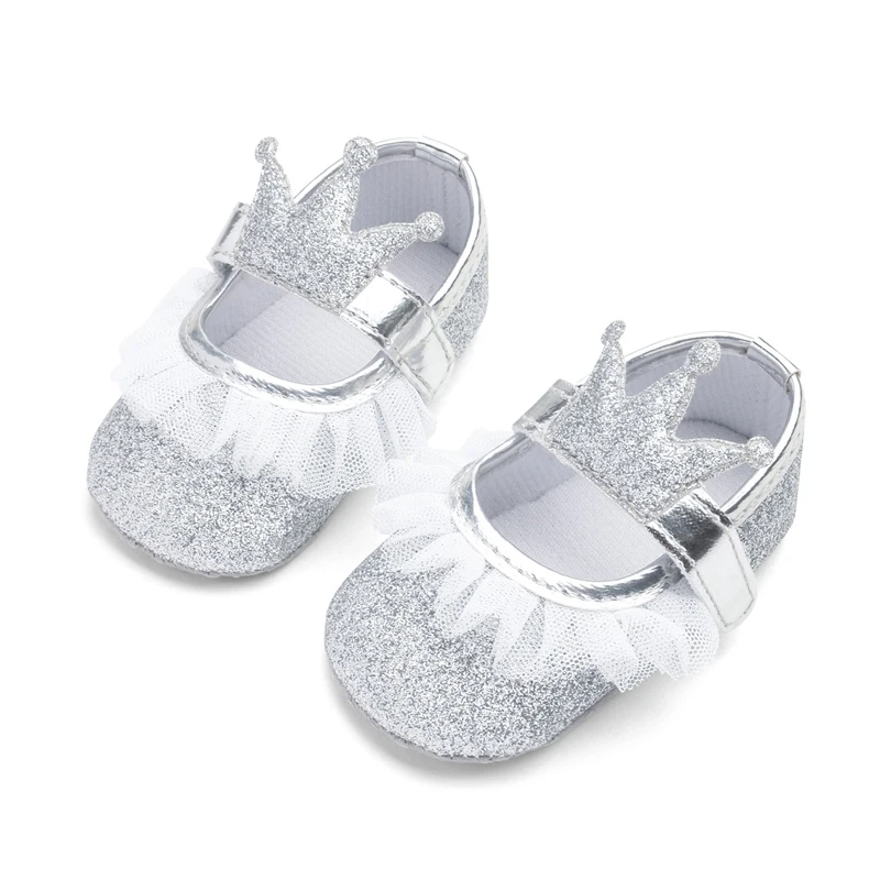 0-15M младенческой новорожденных девочек принцесса обувь Кружева Тюль тиара первые ходунки противоскользящие Мягкие Детские Девочки День рождения обувь - Цвет: Серебристый