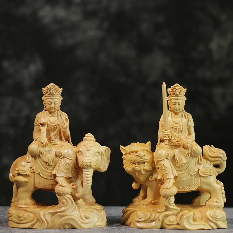 

12cm Manjushri Buddha Boxwood Sculpture Solid Wood Buddha Statue Handicrafts Living Room Samantabhadra Bodhi-satta Home Decor