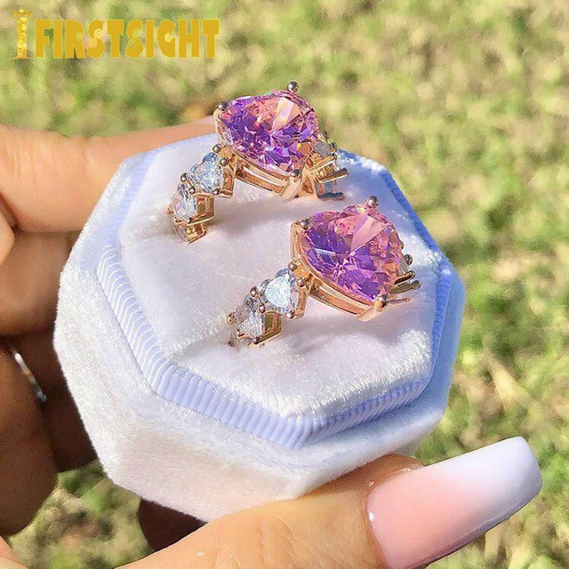 New Rose Gold Color Pink Heart Ring Iced Out Bling 5A CZ Cubic Zircon  Hearts Engagement Wedding Band Rings For Women Men Jewelry