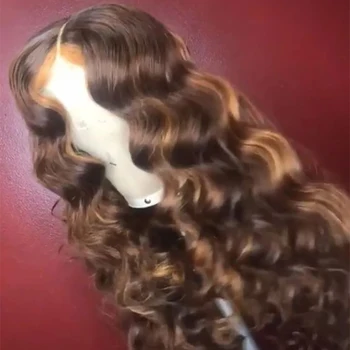 Ombre Honey With Brown Wave Wig 13x6 Lace Front Human Hair Wigs Pre Plucked Ombre Color Brazilian Lace Wigs Bleached Knots 4