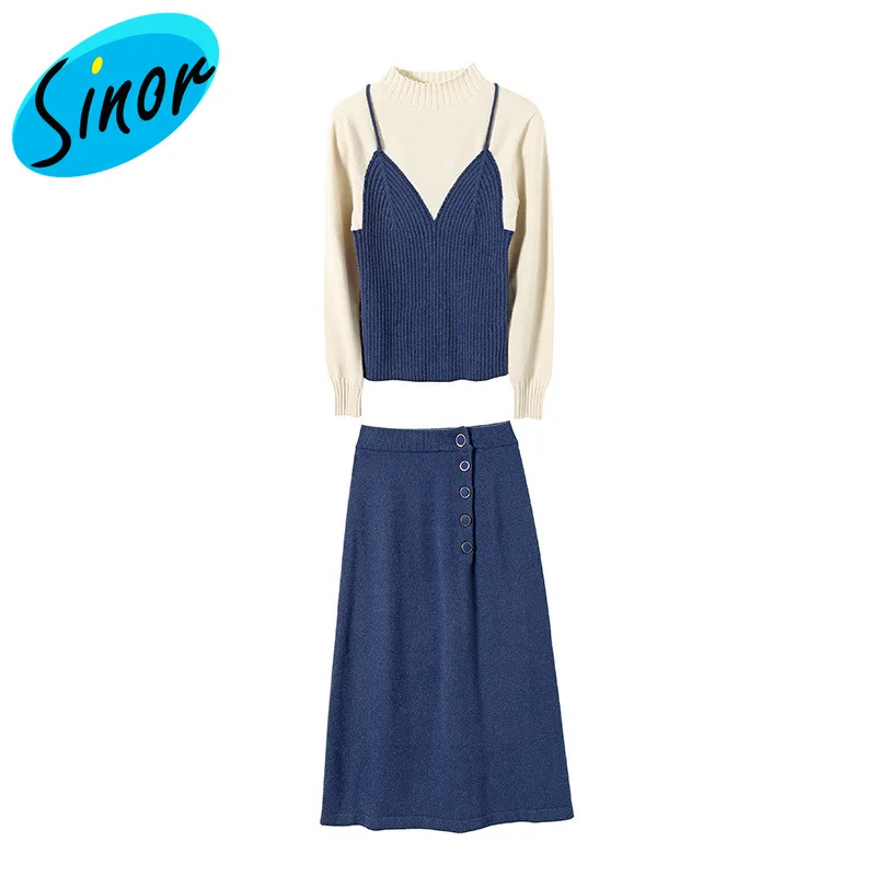 

2012016 women's autumn and winter new set color contrast fake two sweaters A-line skirt two sets