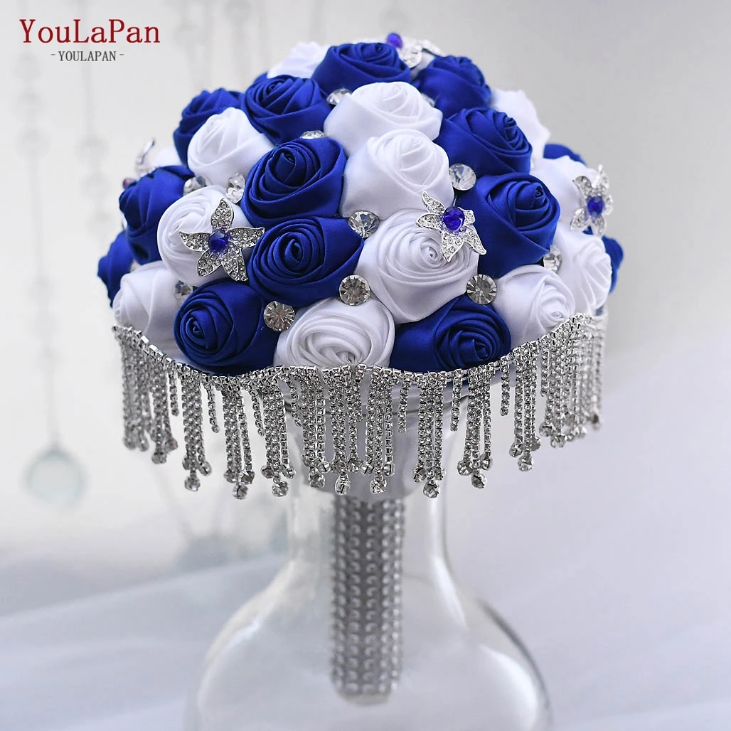 

YouLaPan SF4 Gorgeous Wedding Flowers Bridal Bouquets Crystal Sparkle Royal Bule Silk Rose Bridal Bouquet Holders with Tassel