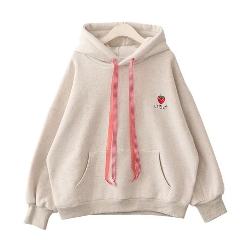 light gray Neploe Harajuku Милая толстовка женская зимняя с вышивкой клубники Флисовая теплая толстовка с капюшоном пуловер толстовки 56619 - Цвет: light gray