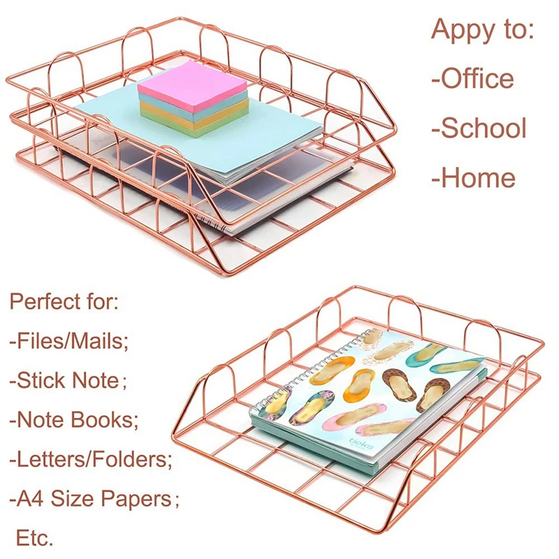 1 Набор из 2-х канцелярские принадлежности металлические штабелируемые файл документа лоток для бумаг, записная книжка, розовое золото