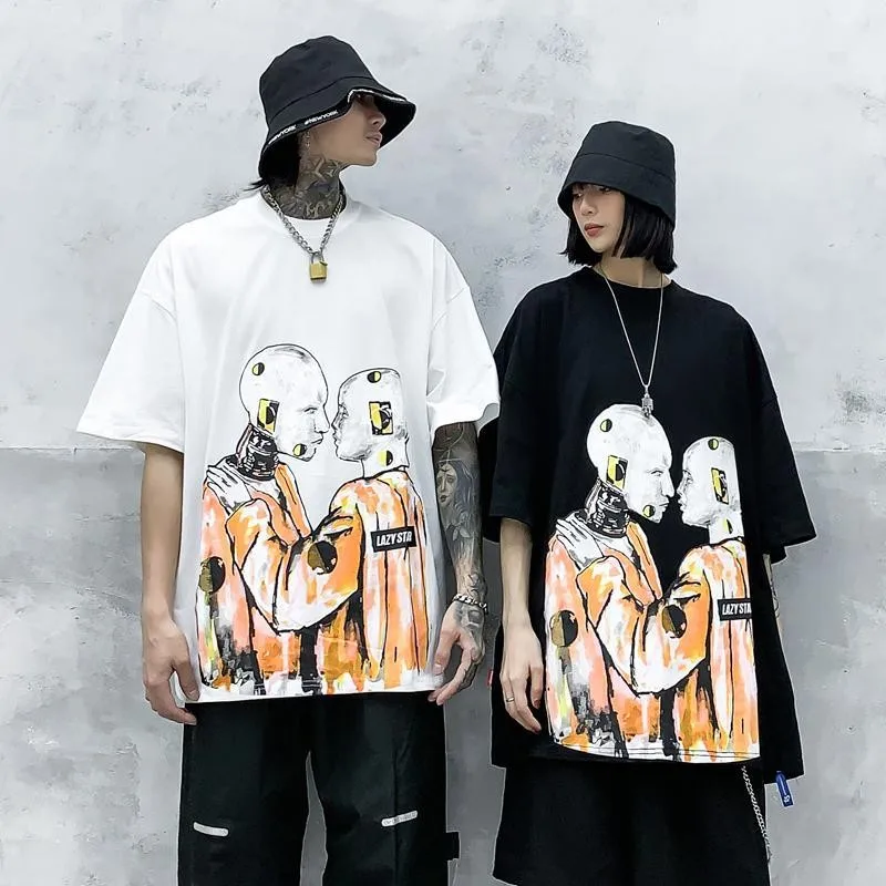 

2020 summer new robot printing o-neck mid-sleeved T-shirt men loose high street short sleeve T shirt for male Dropshiping