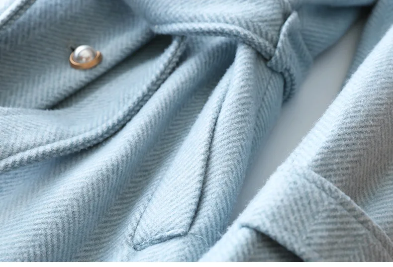 Зимние Для женщин Винтаж французский Стиль краткое Повседневное Тонкий шерстяной жакет Дамская жемчужина на пуговицах теплые небесно-голубого цвета, верхняя одежда, длинное пальто