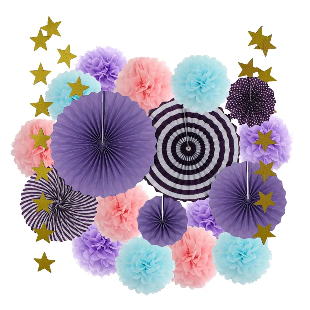 Purple pink blue 19 шт. розовый набор висячие бумажные поделки для маленьких девочек Крещение мальчика Дети День Рождения Подарок бумажный вентилятор детский сад декор украшения - Цвет: Purple pink blue