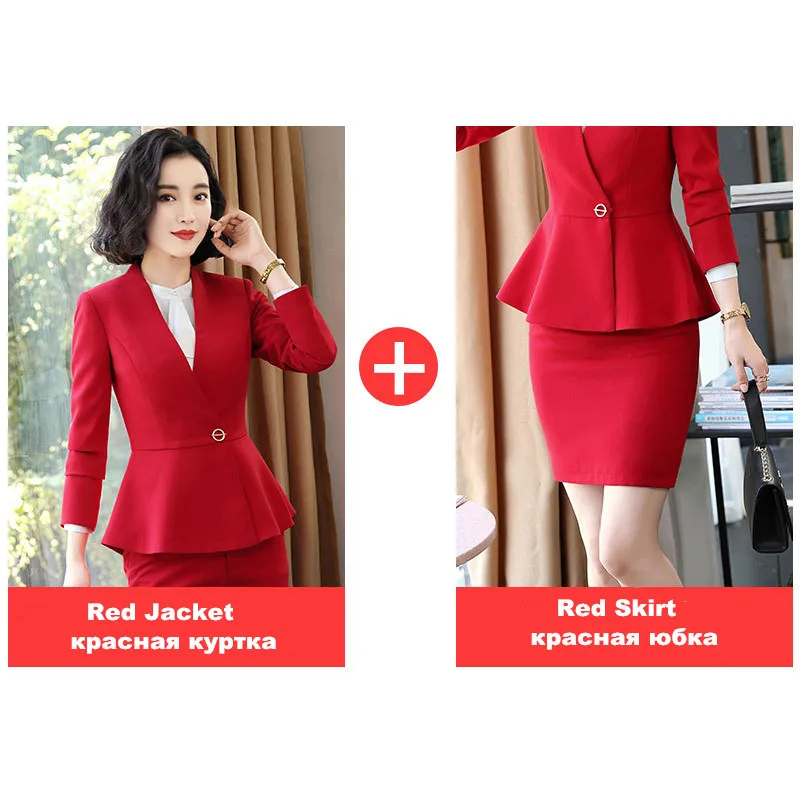 Красный костюм, женский Блейзер и юбка, комплект из 2 предметов, приталенная куртка с рюшами, юбка выше колена, черная и синяя рабочая одежда, S-4XL 80870 - Цвет: red skirt suit