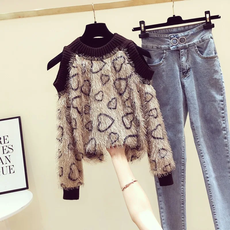 Autumn Winter Sex Off Shoulder Sweater Women Loose Knitted Shirt Korean Exposed Shoulder Fashion Leopard Tassel Jumper Sweaters