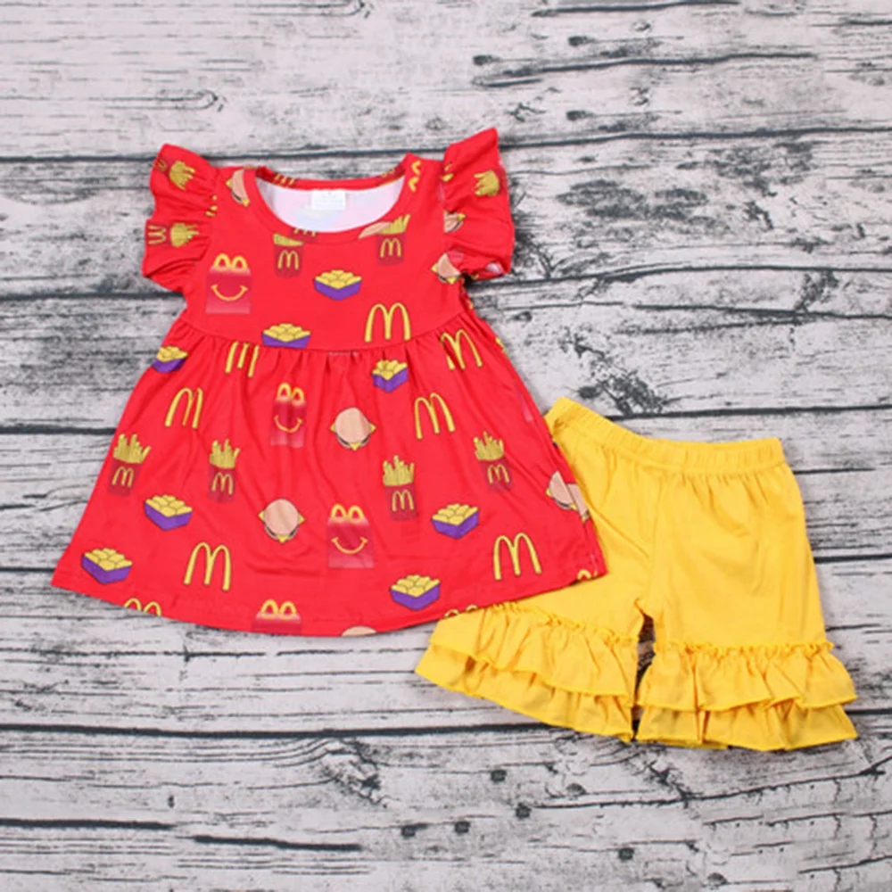 

children clothes set toddler girl red flutter sleeve top and yellow shorts 2 pcs kid girl summer outfit baby boutique clothing
