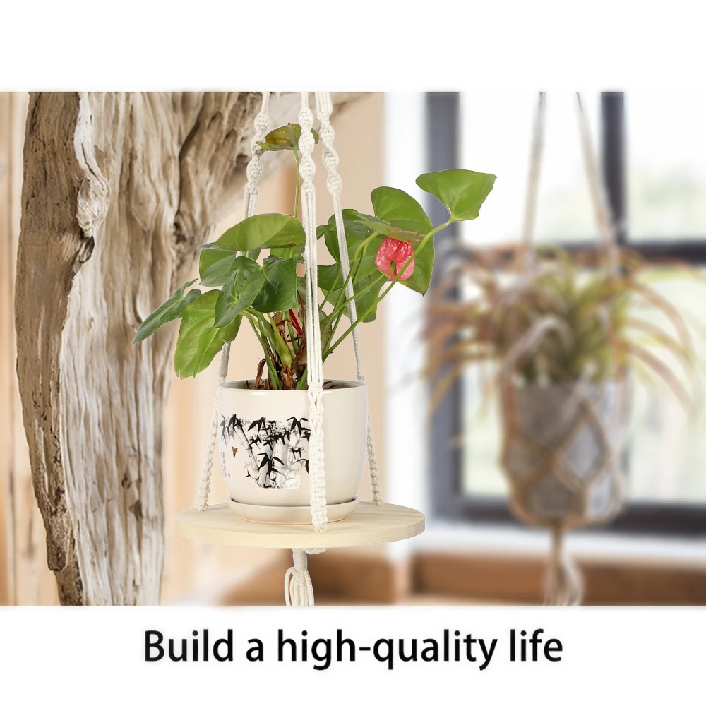 Macrame Shelf Planter Hanger for Indoor Plants with Wooden Shelf Bohemian Hanging Plant Stand for Modern Homes Decor Home Goods