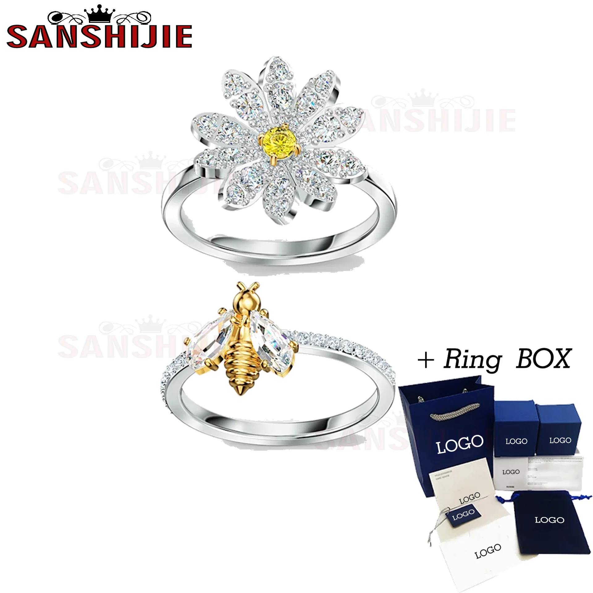 

2020 fashion jewelry high quality SWA new exquisite daisy flower with golden bee decoration crystal female ring romantic gift
