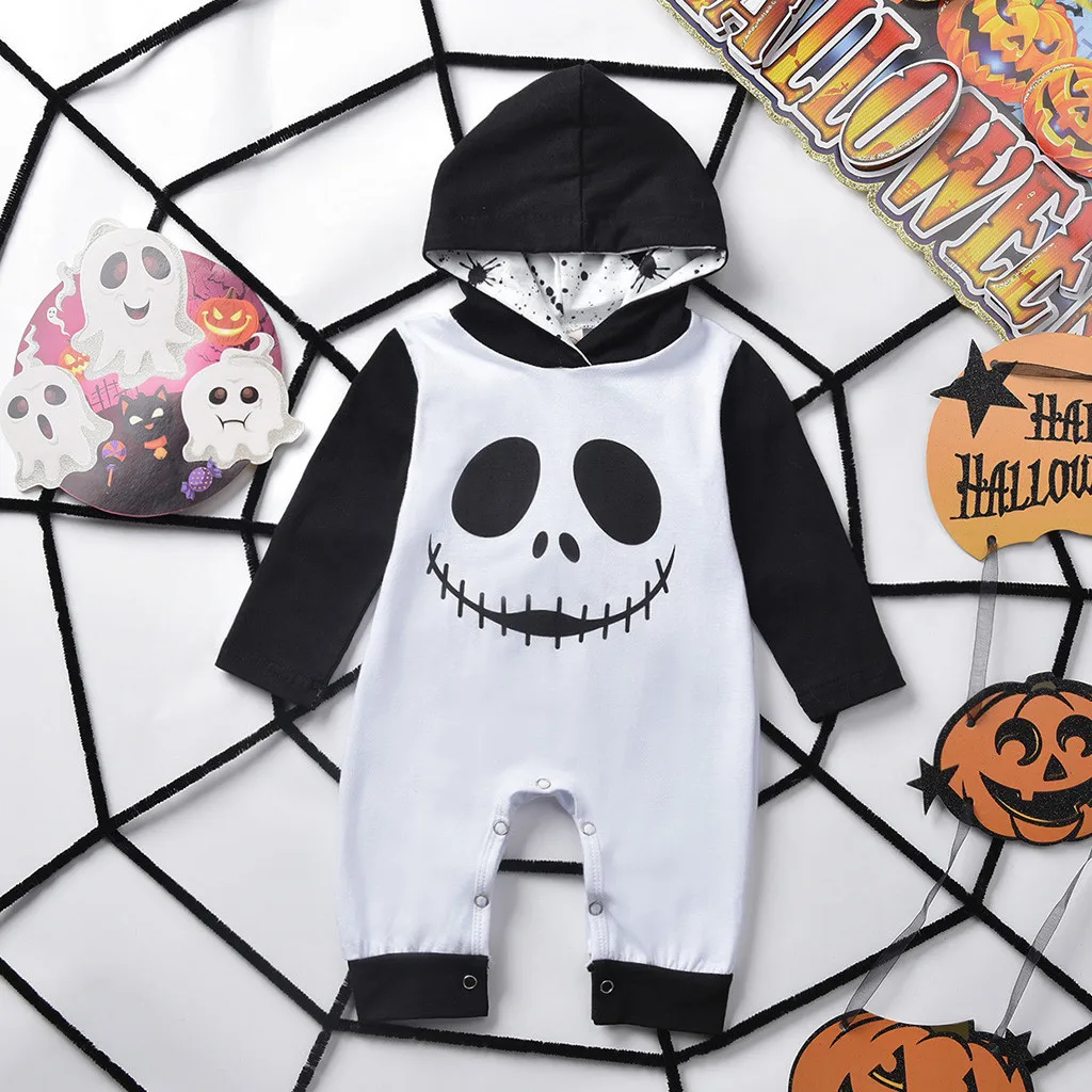 

MUQGEW 2019 New Cartoon Romper Halloween Infant Jumpsuit Baby Boys Girls Kids Romper Skull Print Hooded Romper Clothes roupas