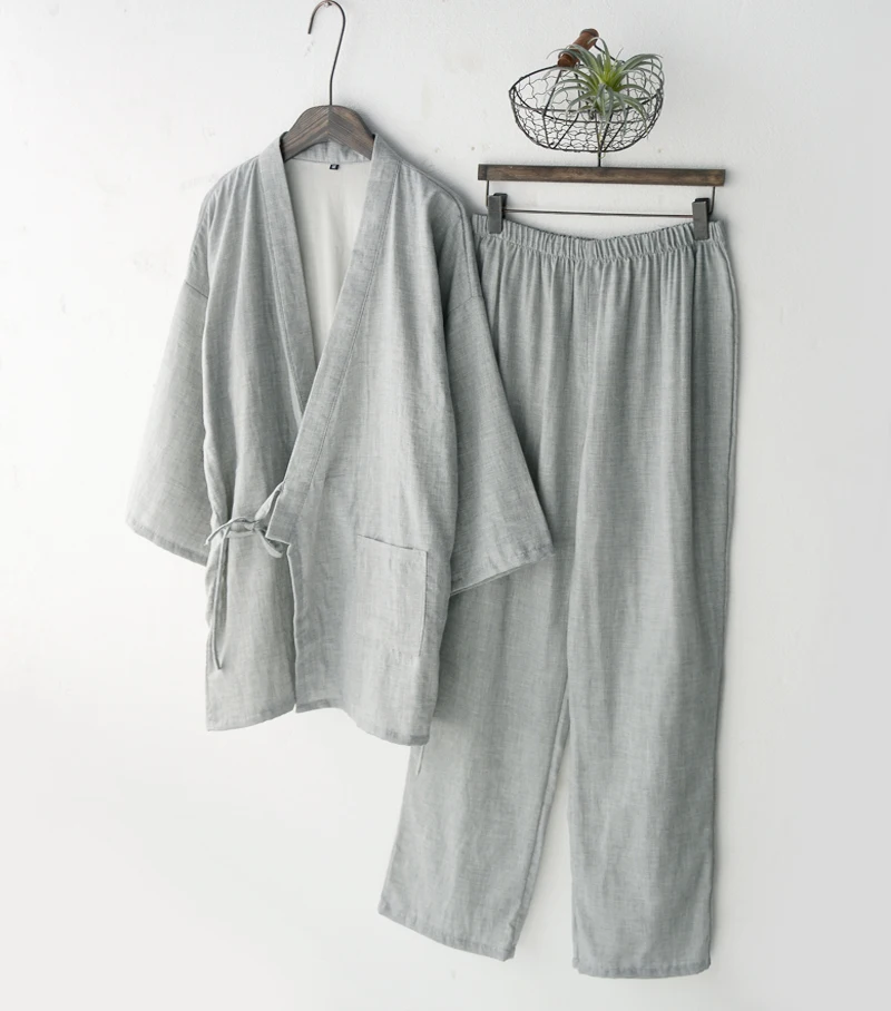 men pajamas sets print kimono suit soft homewear Three Quarter Sleeve tops& pants japanese style men sleepwear sets plus - Цвет: color2