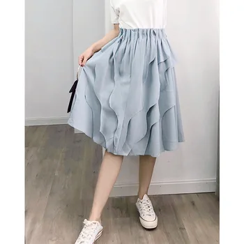 

Fashion Wave layered Midi Skirt lady 2020 New High Waist A-line Pleated Skirts