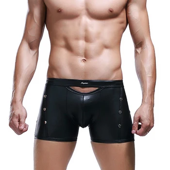 

Luxury Gold Leather Underwear Men Boxers Sexy Slim Seamless Lingerie Breathable Male High Waist Button Underpants Boxershorts