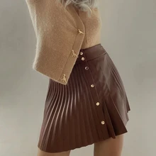 

Women High Waist Buttons Sexy Mini Pleated Skirts 2021 Solid Pu Leather Skirt Asymmetrical Fashion Female Autumn Work Clothing