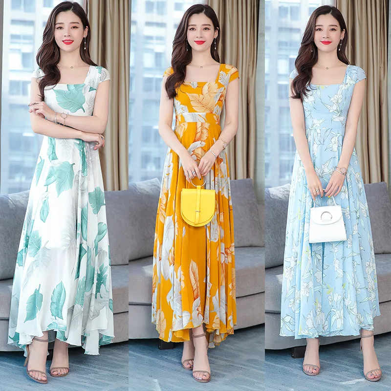 

Korean-style Fashion Chiffon Dress Women's 2019 Spring And Summer New Style Large Size Square Collar French Vintage Printed Dres