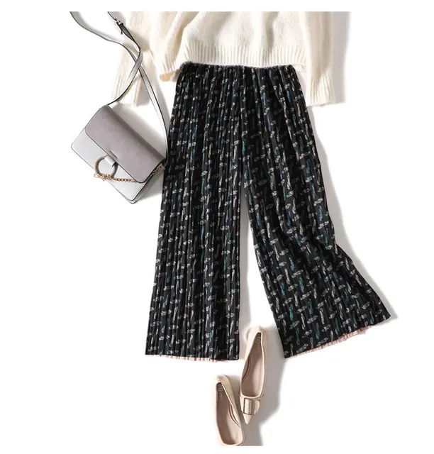 2020 New Autumn Winter Woolen Wide Leg Pant Drape Harem Pant Women Elastic Waist Pleated Trousers Pleated Pant Thick Flared Pant Style 3