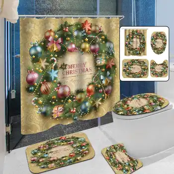 

Bath Mats Bathroom Carpet Christmas Garland Anti Slip Toilet Pattern Flannel Toilet Seat Cover Waterproof Shower Curtains Set