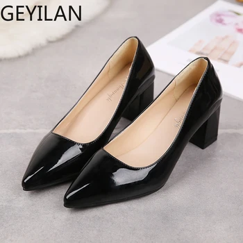 

2020 Patent leather Thick with Autumn Pointed Single Shoes Female Sandals New Elegant Women Pumps Black High heels Lady U14-96