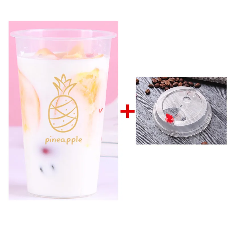 cup and lid 50 шт высокого качества клубника, ананас чашка для фруктового сока 500 мл 700 мл мультфильм холодный горячий напиток вечерние пластиковые чашки с крышкой любви - Цвет: cup and lid