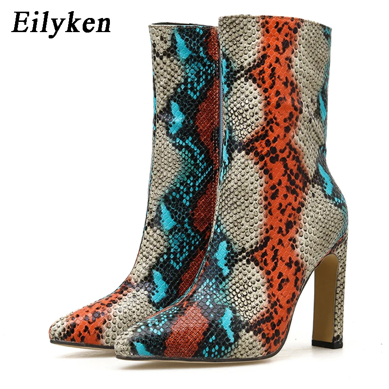

Eilyken Print Snake Pu Women Ankle Boots Zip Pointed Toe Footwear Thick High Heels Female Boot Party Shoes Women 2020 New Winter