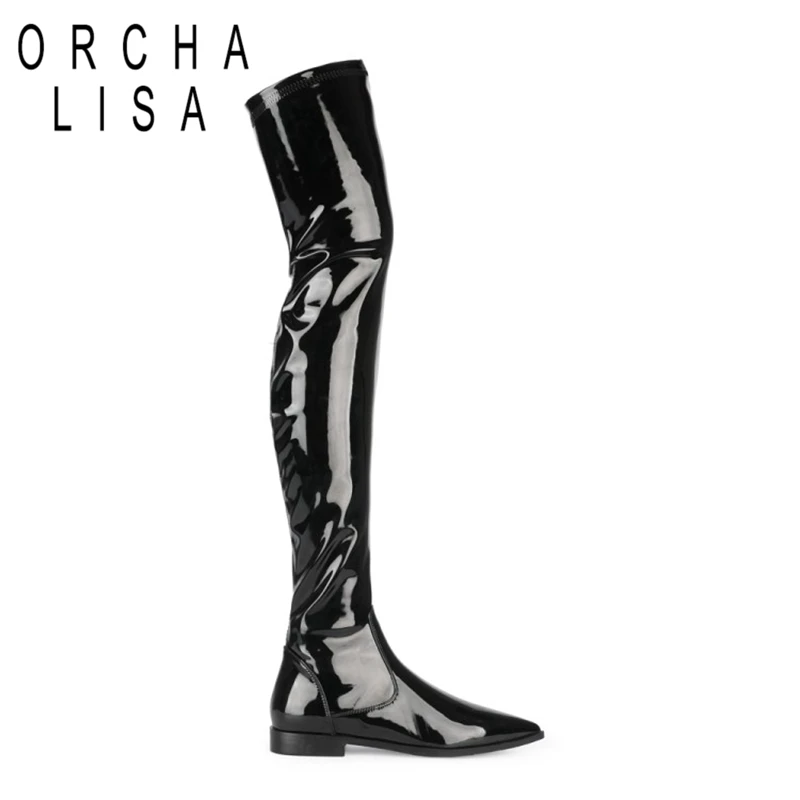 

ORCHA LISA winter thigh high boots Patent real cow Leather Pointed toe Flat heel Slip-on Big size 34-45 Black Club C1993
