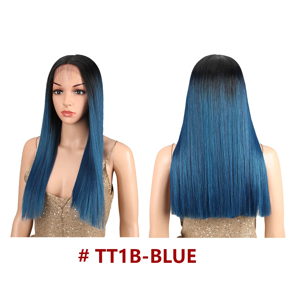 TT1B-BLUE Bella Ombre Розовый / Блондин / Фиолетовый / Зеленый / Синий / Черный Прямые парики Синтетический парик фронта шнурка Термостойкие волосы для женщин Косплей или вечеринка 7 доступных цветов 20-дюймовая - Цвет: TT1B-BLUE