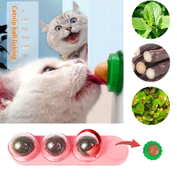

Hot 4 In 1 Rotating Catnip Ball Toys Adhesive Wall Cat Licking Solid Nutrition Balls Non Toxic Interactive Puzzle Cat Snack Toys