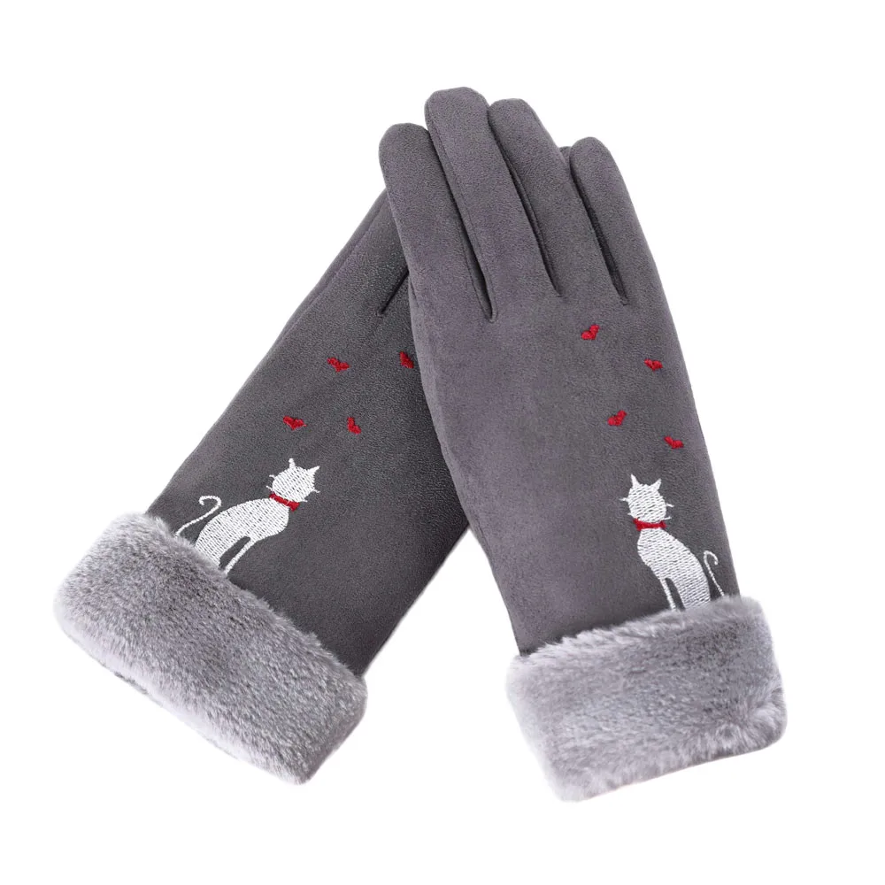 Вышитые перчатки с котом женские утепленные из искусственной замши плюшевые перчатки с сенсорным экраном на весь палец ветрозащитные женские теплые перчатки Guantes Mujer