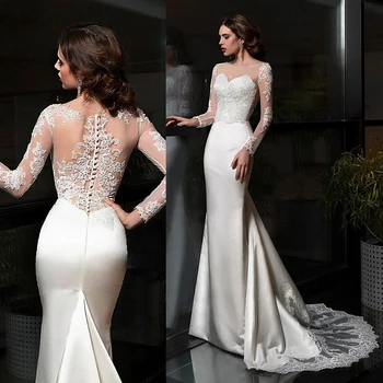

Luxury Court Train Scoop Satin Full Sleeves Appliques Sheath vestidos de fiesta largos elegantes de gala wedding dress 2019