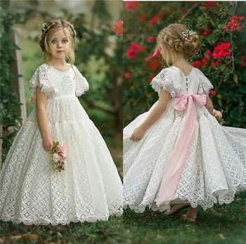 

Flower Girl Dress Pink Ribbon Ivory White Lace Ball Gown Princess Pageant Dress First Communion Gown Size 2-16Y